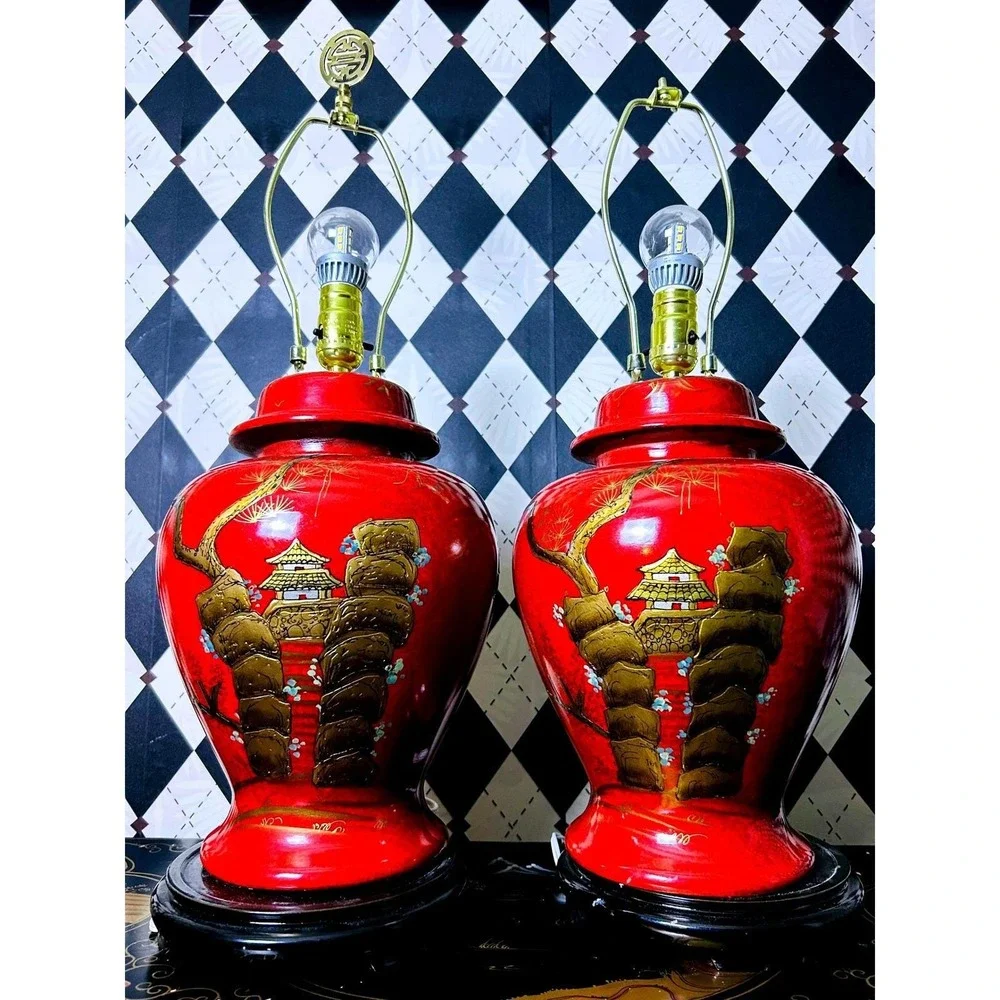 Pair Large Chinese Chinoiserie Red Lacquer Lamps Pagoda Shades Hollywood Regency